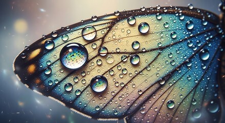Iridescent butterfly wing adorned with shimmering water droplets capturing a magical moment in nature