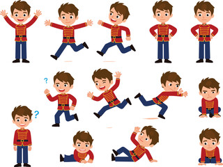 Cartoon boy in red guard uniform with different poses and emotions, military kid character clipart, marching soldier illustration vector set