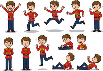 Cartoon boy character in red uniform showing different poses, military costume kid illustration, emotional expressions, marching guard clipart set