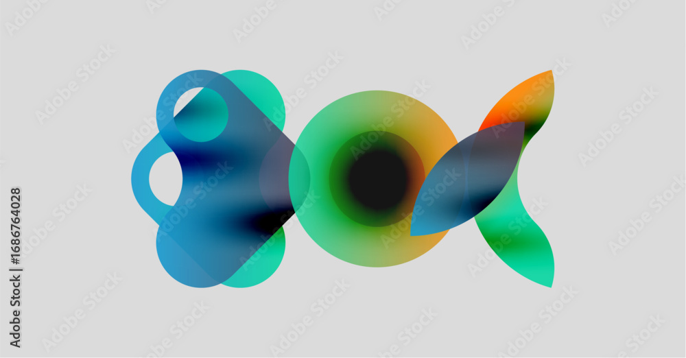 Poster abstract colorful shapes overlap, creating fluid dynamic composition. soft gradients suggest light, 