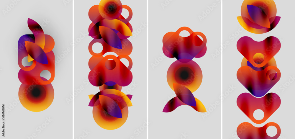 Poster abstract compositions. four panels display vibrant overlapping circles, gradients shifting from oran