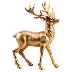 Fototapeta premium A shiny gold reindeer figurine with large antlers, standing majestically, isolated on transparent background