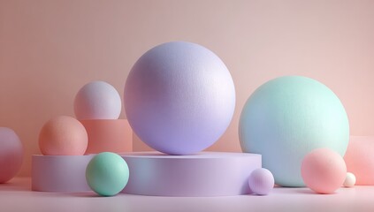 Fototapeta premium Pastel-toned spheres and cylinders arranged on a soft pink background create a whimsical and delicate display of geometric forms.