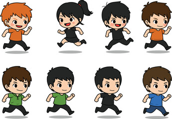 Cartoon children running together, group of boys and girl jogging, cute kids exercise vector, healthy lifestyle sport activity character illustration