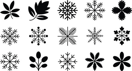 Leaf and snowflake silhouettes, winter and nature icons, botanical shapes, seasonal design elements, plant and frost symbols, black vector illustrations