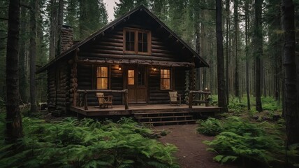 Rustic log cabin nestled in a dense forest with lush green foliage