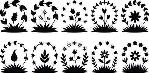 Floral wreath silhouettes, flower decorative frames, botanical circular designs, nature leaf borders, seasonal flower garlands, plant ornamental rings, black floral illustrations