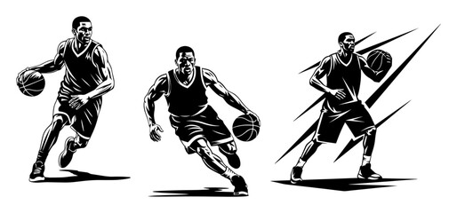 Obraz premium Basketball dribbling vector – three point guards driving forward with speed lines, bold dynamic monochrome sketch