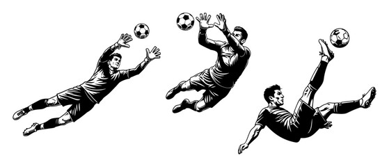 Soccer action poses vector – goalkeeper dive, powerful header and bicycle kick captured in energetic sequence