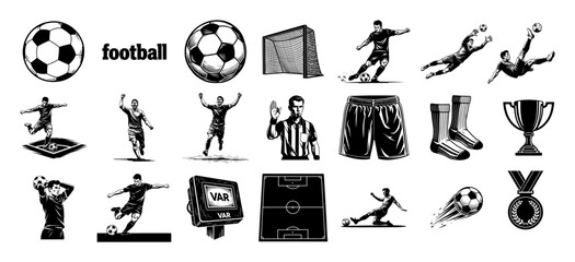 Football icon set vector – soccer balls, players, goal and field equipment collection in crisp black line art