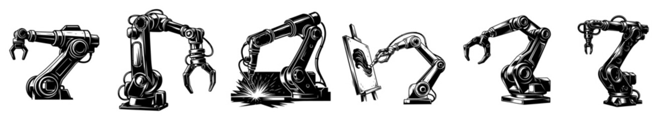 Industrial robotic arm icon set – seven articulated manipulators with grippers, clean technical line art
