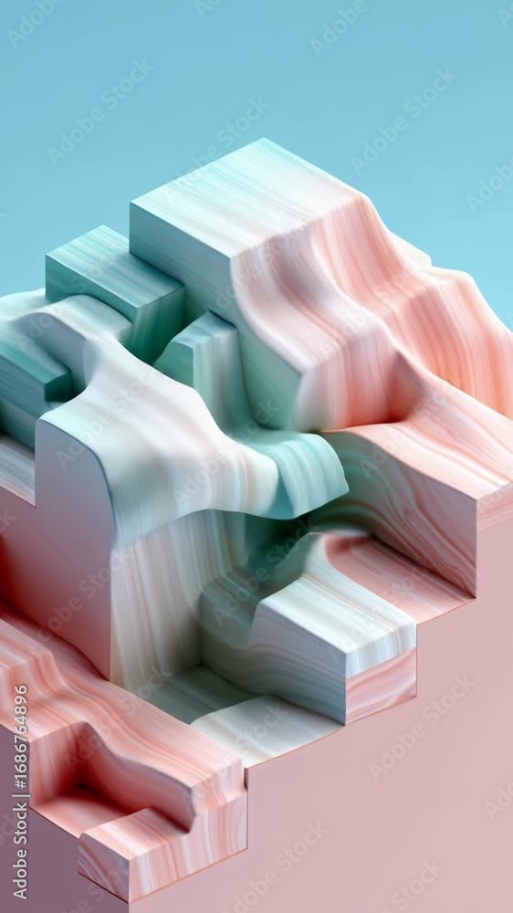 Poster vibrant abstract 3d rendering showcases layered, wavy shapes in pastel colors, creating sense of dep