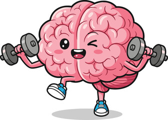 Cute cartoon brain lifting dumbbells, fitness mascot, mental health, strong mind, exercise illustration, character design, motivation, education, wellness, creativity, intelligence
