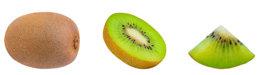 kiwi fruit set, whole, half, and slice, isolated.