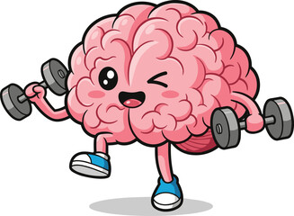 Cute cartoon brain lifting dumbbells, strong smart brain character exercising, fitness mental health concept, intelligence workout illustration, healthy mind activity