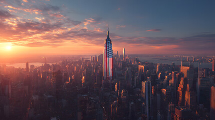 Celebrating Labor Day with a vibrant sunset over New York City, featuring the Empire State Building adorned in patriotic colors