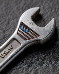 Labor Day celebration with American flag wrench on textured surface highlighting craftsmanship and patriotism