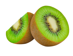 kiwi fruit, cross section and wedge on white background.