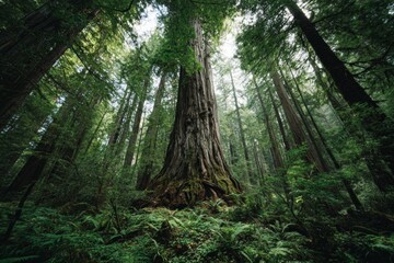 Obraz premium Lush green trees and foliage in a sun-dappled forest wilderness.