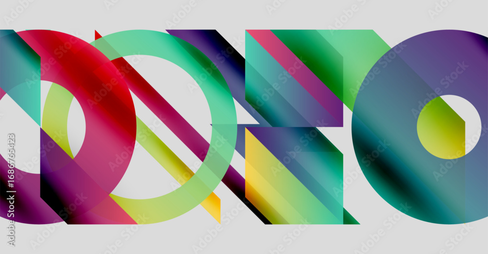 Poster abstract colorful shapes overlap, creating dynamic visual composition. gradients blend, forming mode