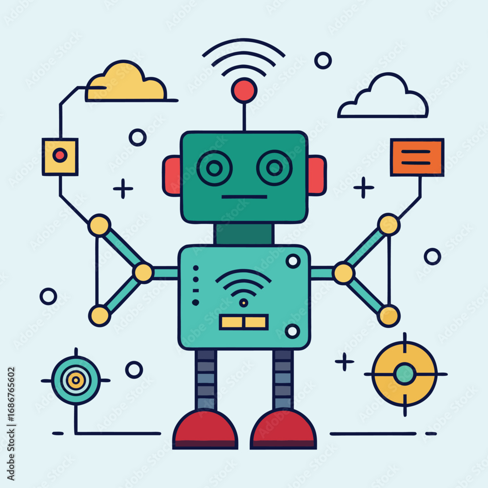 Poster modern flat design robot with cloud and network connections