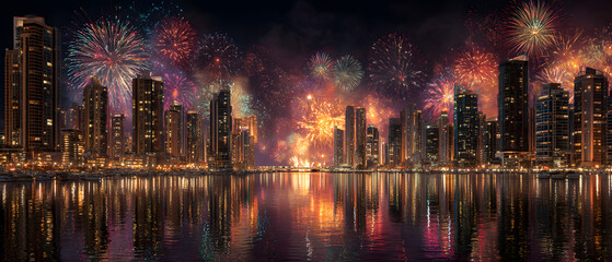 Celebration of Labor Day with vibrant fireworks over city skyline at night