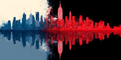 Colorful skyline of New York City celebrates Labor Day with patriotic red and blue hues reflecting in water