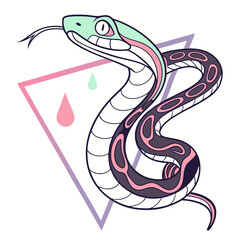 Stylized illustration of a coiled snake with a pastel color palette and geometric shapes