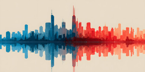 Celebrating Labor Day with a vibrant skyline reflection at sunset showing blue and red hues