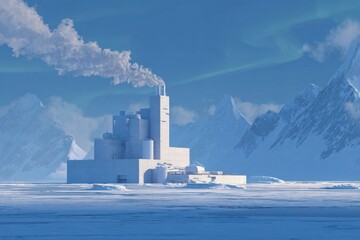 Isometric view of a white biomass power plant set against a snowy mountain backdrop, illuminated by the aurora borealis sky. The scene depicts a cold, Arctic landscape.