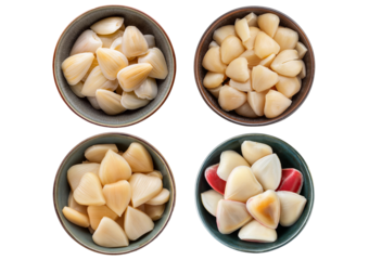 Set Sliced palm heart palmetto salad in ceramic bowl isolated on transparent or white background