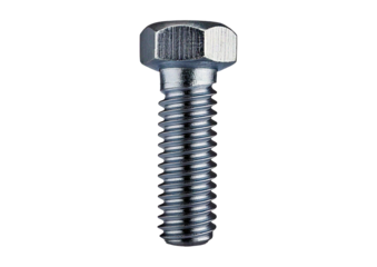 Small hexagonal steel screw with a detailed threaded body, isolated on transparent or white background