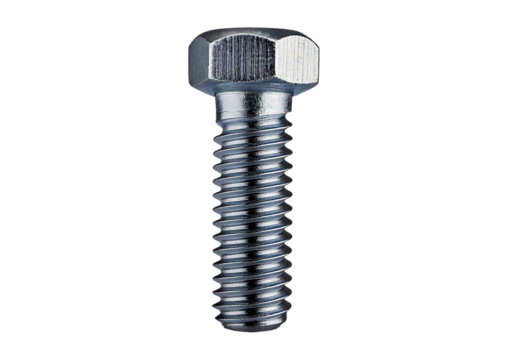 Small hexagonal steel screw with a detailed threaded body, isolated on transparent or white background