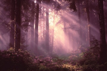 Fototapeta premium A winter forest landscape with a misty morning light filtering through the trees, a cold path winding through the woods.