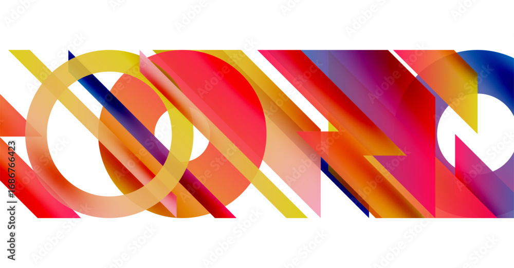 Poster abstract composition featuring overlapping colorful shapes. gradients blend red, yellow, blue, purpl