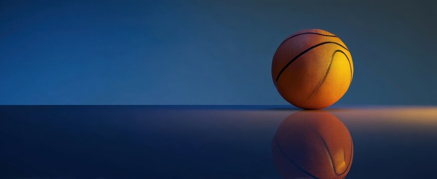 The basketball on a reflective surface with a vibrant gradient background.