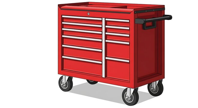 Vibrant Red Rolling Tool Chest Illustration with Multiple Drawers Side Handle and Lock.
