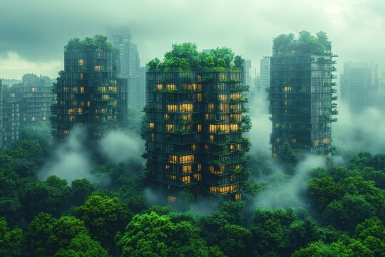 Lush green skyscrapers rise amidst dense urban forest in a foggy cityscape at twilight