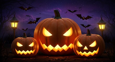 Giant glowing pumpkin in spooky sky