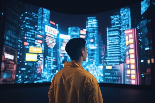Exploring a vibrant cityscape projection in an immersive digital art space