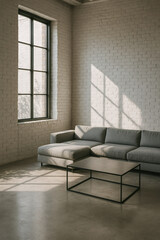 Industrial minimalist living room with gray sofa, white brick wall, and large window light.
