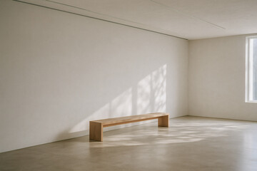 Minimalist interior with a single long wooden bench, soft daylight, and clean modern walls for serene design inspiration