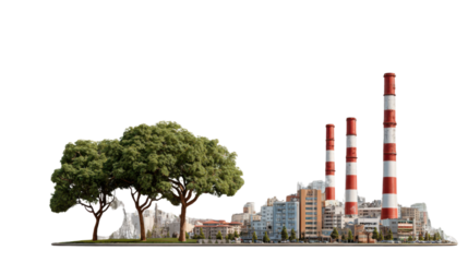 The contrast between the nature and industry:A conceptual depiction contrasting the serene green nature against the towering industrial architecture in a seamless composition