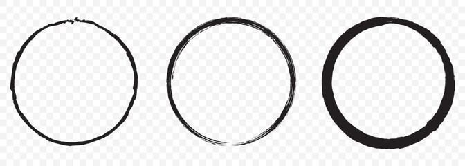 Grunge circles brush set. Black circle frames. Round line of black paint. Grunge round shapes on Transparent Background. EPS 10.