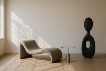 Minimalist modern lounge with sculptural chair, glass side table, and bold black abstract decor piece