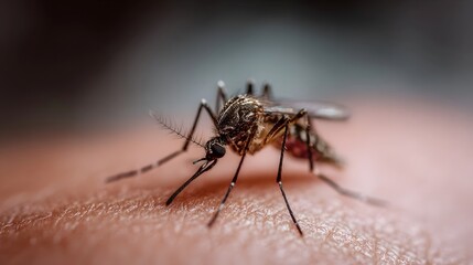 Fototapeta premium ro photograph of a mosquito with detailed anatomy resting on human skin highlighting its proboscis