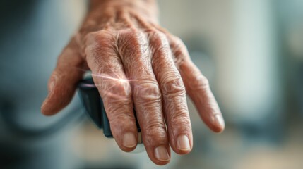 Fototapeta premium Focused medium shot of an elderly persons vibrant hand being examined with a laser device symbolizing therapeutic antiaging treatments with the background softly defocused.