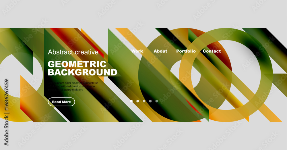 Poster abstract geometric background features vibrant colors, diagonal lines, text elements, navigation men