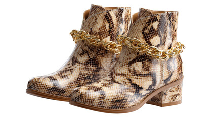 Stylish snake-skin Leather Boots: A pair of stylish, snake-skin leather ankle boots adorned with a gold chain, a fashion statement, reflecting luxury and elegance, standing for refined style.