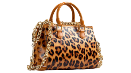 Leopard Print Handbag: Exuding timeless allure, the elegant handbag, draped in a chic leopard print, takes center stage. This glamorous accessory boasts gold chain detailing and leather handles.  